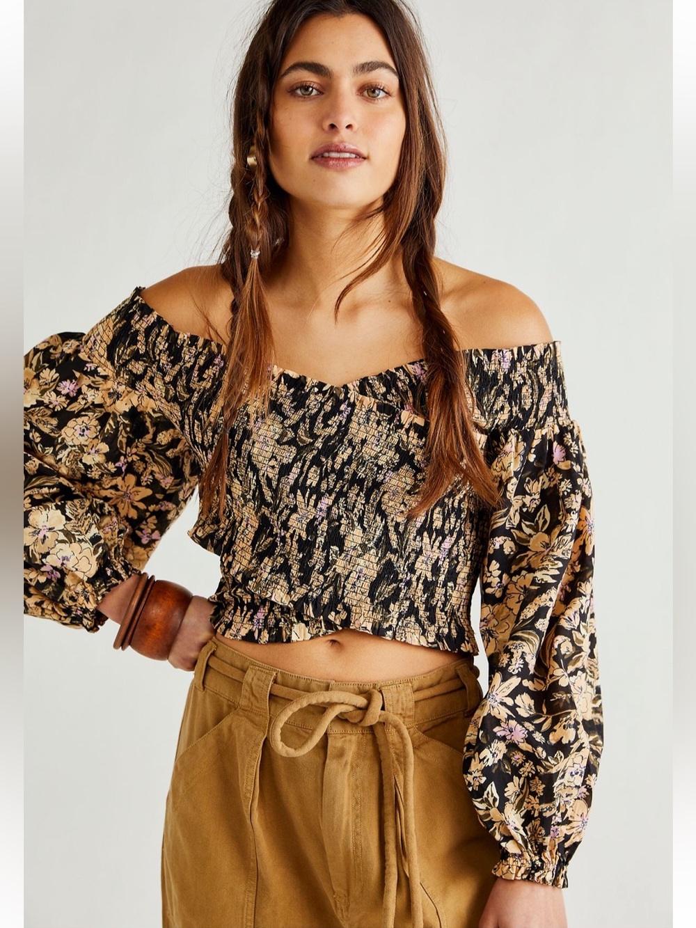 Free People east to west Smocked Off-Shoulder Floral Crop Top - Black Floral